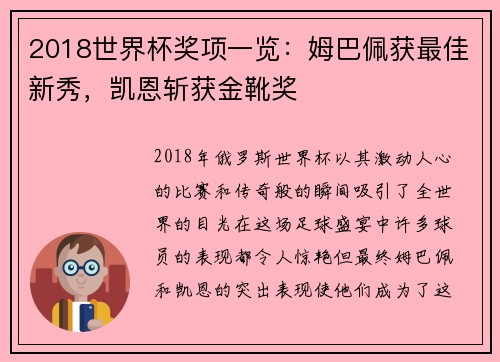 2018世界杯奖项一览：姆巴佩获最佳新秀，凯恩斩获金靴奖