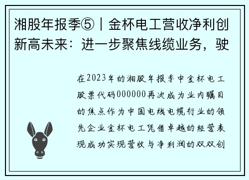 湘股年报季⑤｜金杯电工营收净利创新高未来：进一步聚焦线缆业务，驶向行业巅峰
