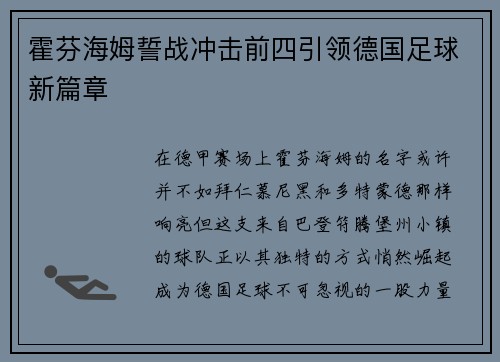 霍芬海姆誓战冲击前四引领德国足球新篇章