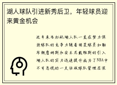 湖人球队引进新秀后卫，年轻球员迎来黄金机会