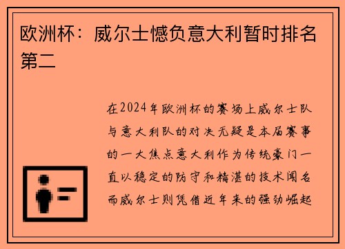 欧洲杯：威尔士憾负意大利暂时排名第二
